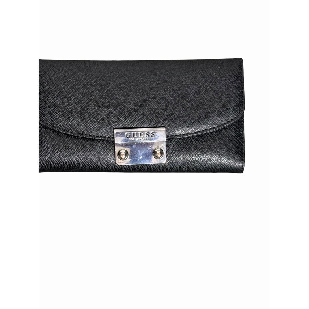 Guess Black Saffiano Wallet Silver Hardware Zip Pocket Y2K Accessories